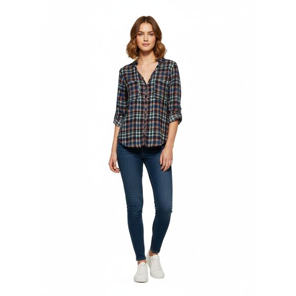 Forever 21 Plaid V-Neck Button Down Shirt XS - Picture 1 of 8